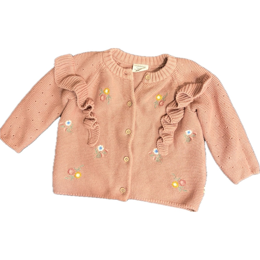 Viverano Organics Pink Floral Embroidered Ruffle Knit Cardigan 18-24 Months